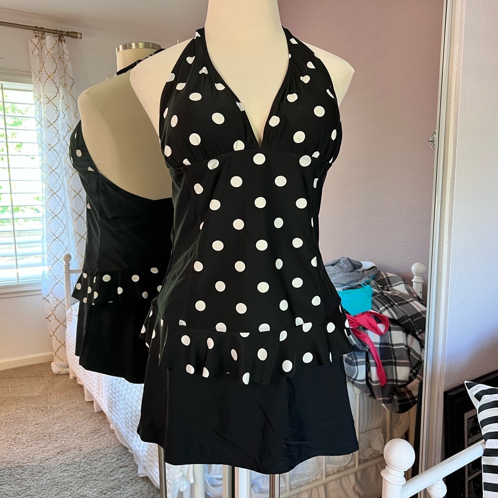 Polka dot Tankini with swim skirt